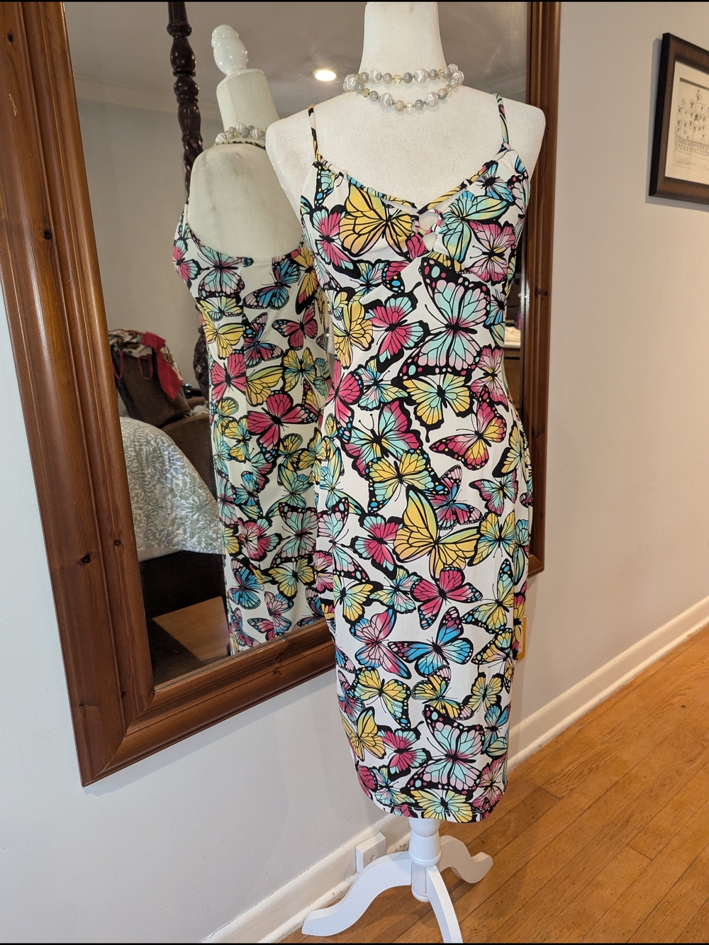 Backless Butterfly Print Slip Dress - White/Multi